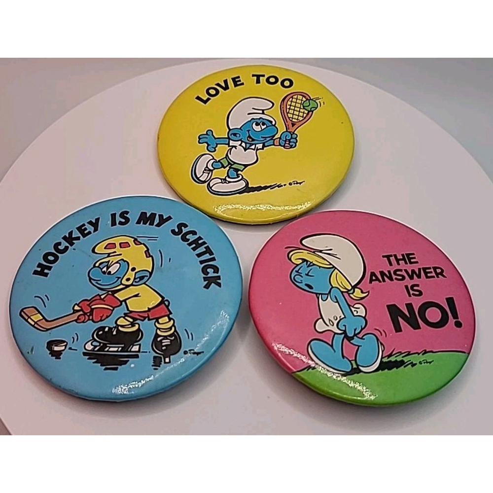 Lot Of 3 Vintage 1980 Smurfs Smurf Peyo Made In USA Round Pin Back Button 2.25"